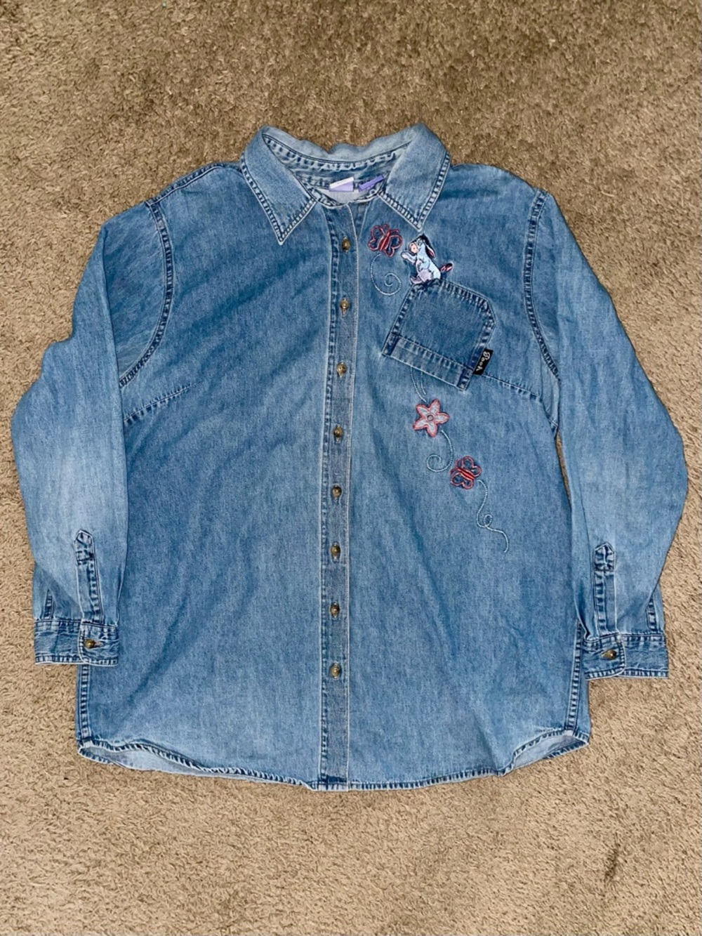 VTG Disney Pooh 100% Cotton Denim Embroidered Eeyore Long Sleeve Button Up Shirt